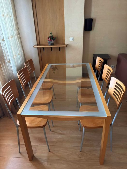 Стъклена трапезна маса 160×90 + 6 стола, дъб/метал, Loft стил