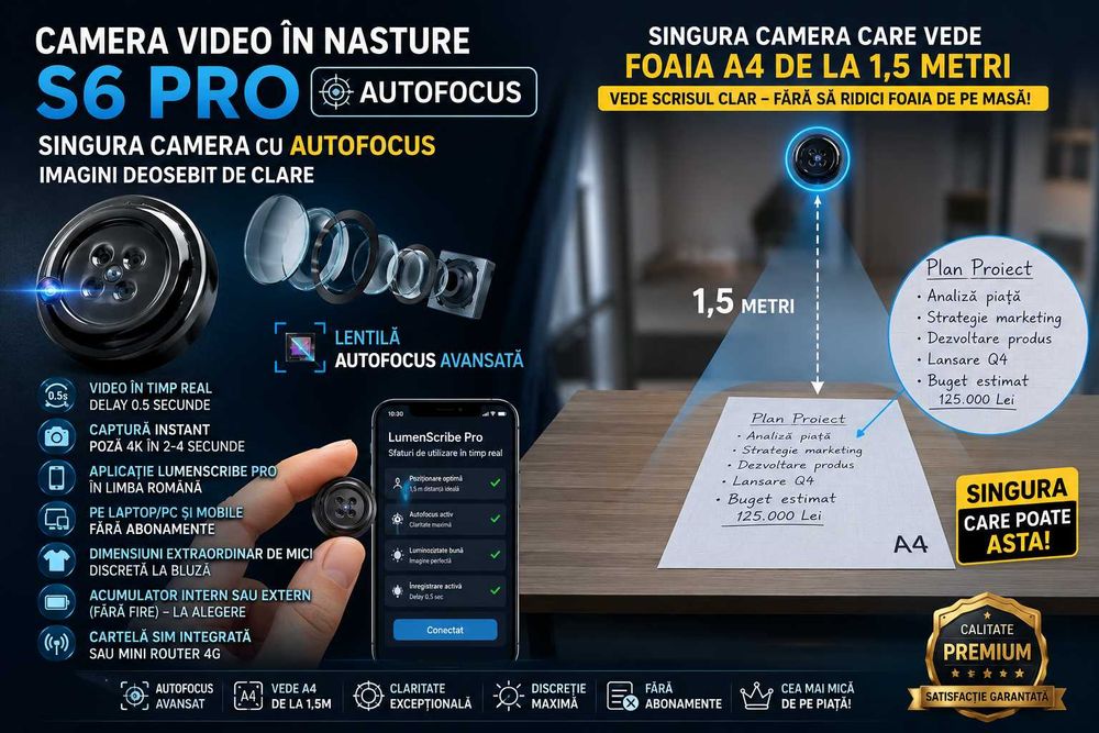 Camera pentru Copiat in Nasture: Imagini 4K Clare - AutoFocus | Audio Integrat - Fara Fire | Casca de copiat