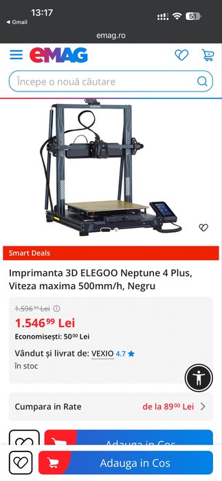 Imprimanta 3D ELEGOO Neptune 4 Plus, Viteza maxima 500mm/h, Negru