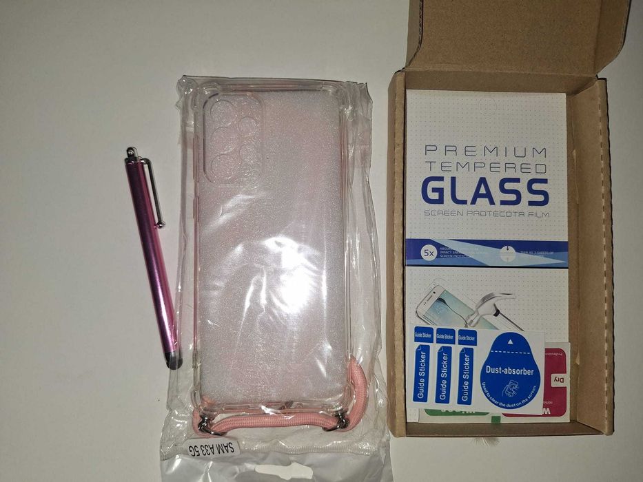 Set Protecție Complet Roz: Husă cu Șnur + Folie Sticlă + Stylus Samsung A33 5G