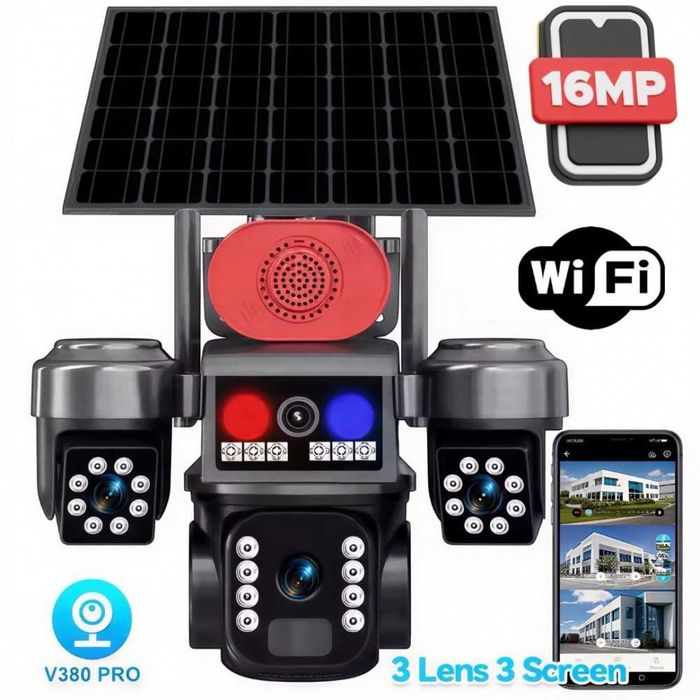 Соларна камера охранителна SUNVISION 16MP 3 обектива аларма Wi-Fi