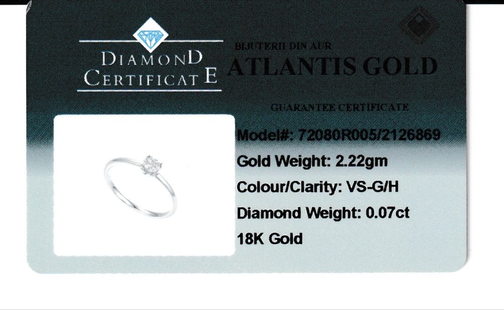 Inel aur alb 18K 2,22 g cu diamant 0,07 ct VS G H, certificat. Mr. 55