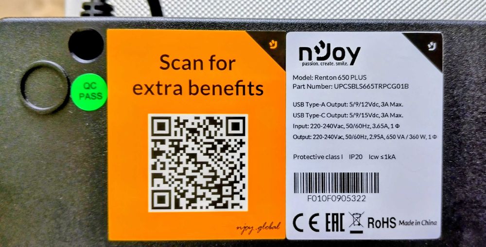 Чисто ново захранване UPS nJoy Renton 650 PLUS - SBLS665TRPCG01B - UPS 650VA/360W