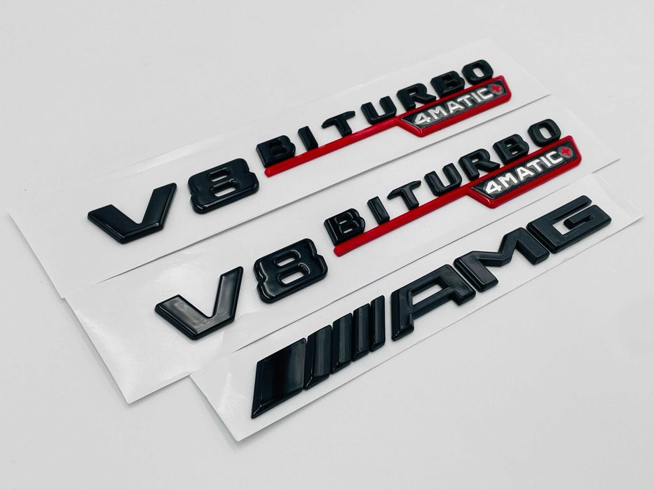 Set embleme compatibile Mercedes V8 biturbo 4matic+ AMG rosu
