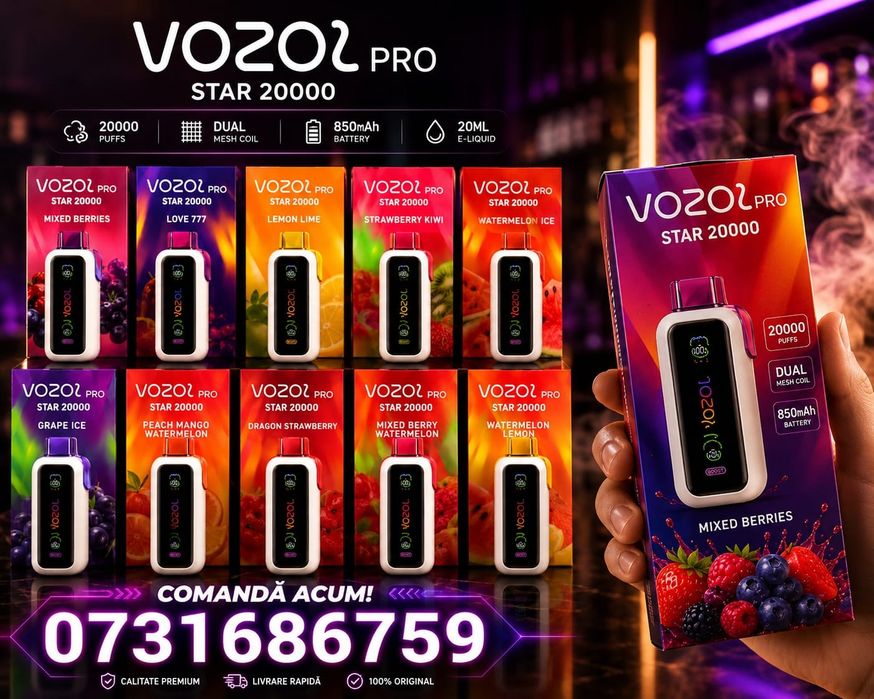 Vozol Pro Star 20k,nou.,produs sigilat.
2 moduri Eco / Normal.
Aromele disponibile sunt menționate în poza.
Predare personala în București.