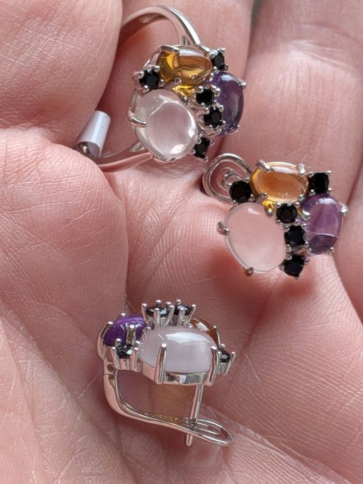 Сребърен комплект от естетствен розов кварц,аметист и цитрин
