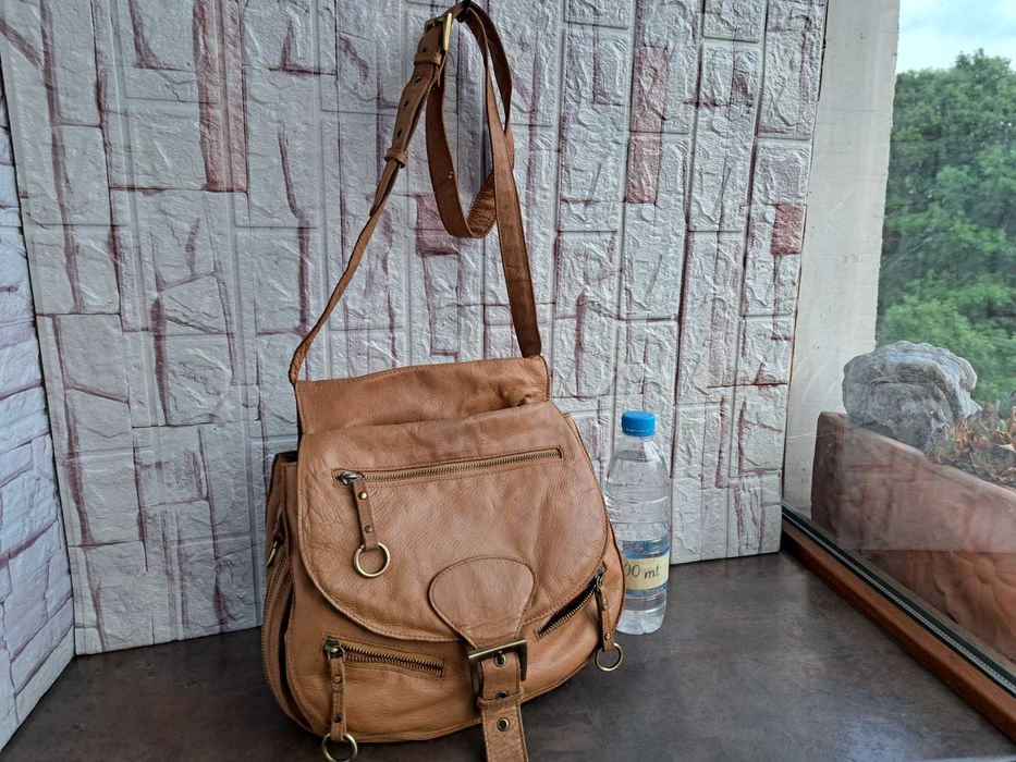 мъжка/дамска кожена чанта,бежова торба-естествена кожа