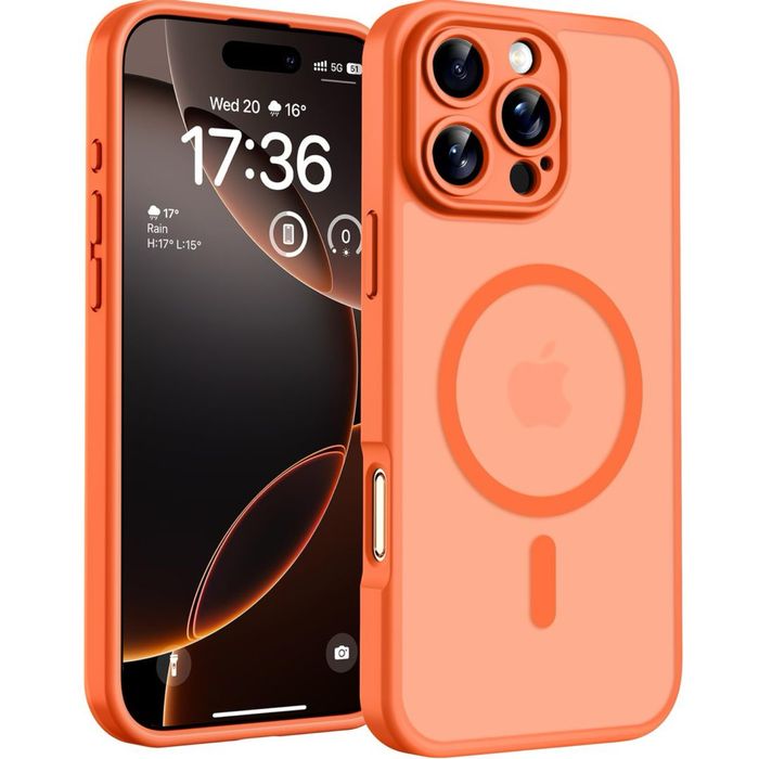 Husă iPhone 16 Pro Max inel magnetic compatibil Magsafe protecție cameră – portocaliu