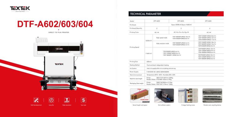 linie completă DTF + sublimare/ Imprimanta DTF 60 cm TexTek DTF-A602/603/604 pentru imprimeuri textile