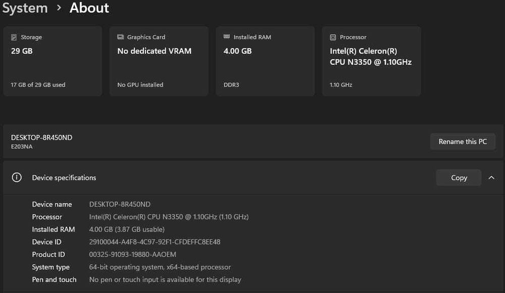 ASUS Notebook E203N (Win11 25H2 Home] - stare foarte buna