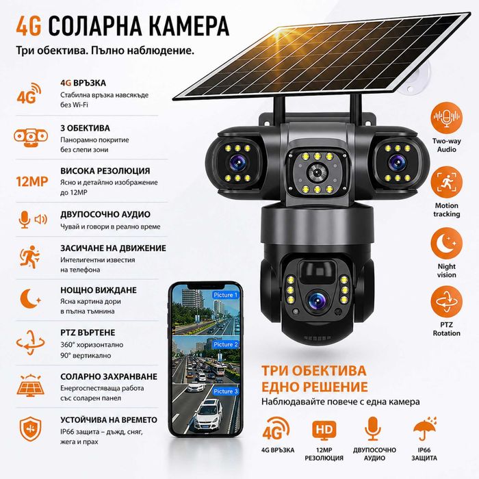 ПРОМО!! Четворна 4G автономна соларна камера за видеонаблюдение + Подарък Карта памет 64 GB