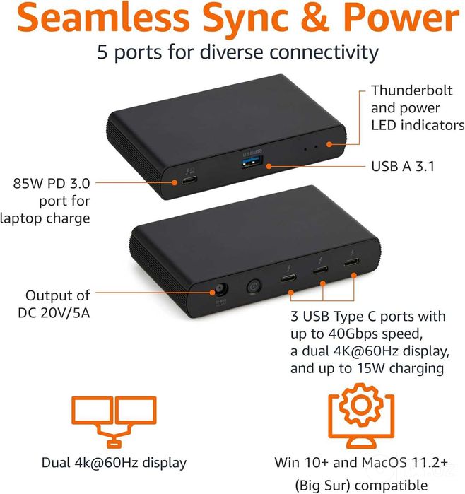 Док станция Amazon Basics Thunderbolt 4 Docking Station 5в1 Dual 4K