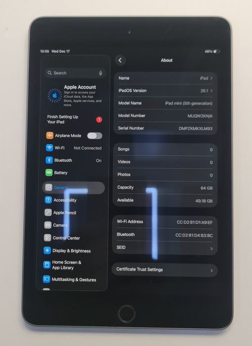 Tableta Apple iPad Mini 5th gen Wifi Only Space Gray 64gb Ios 26.1