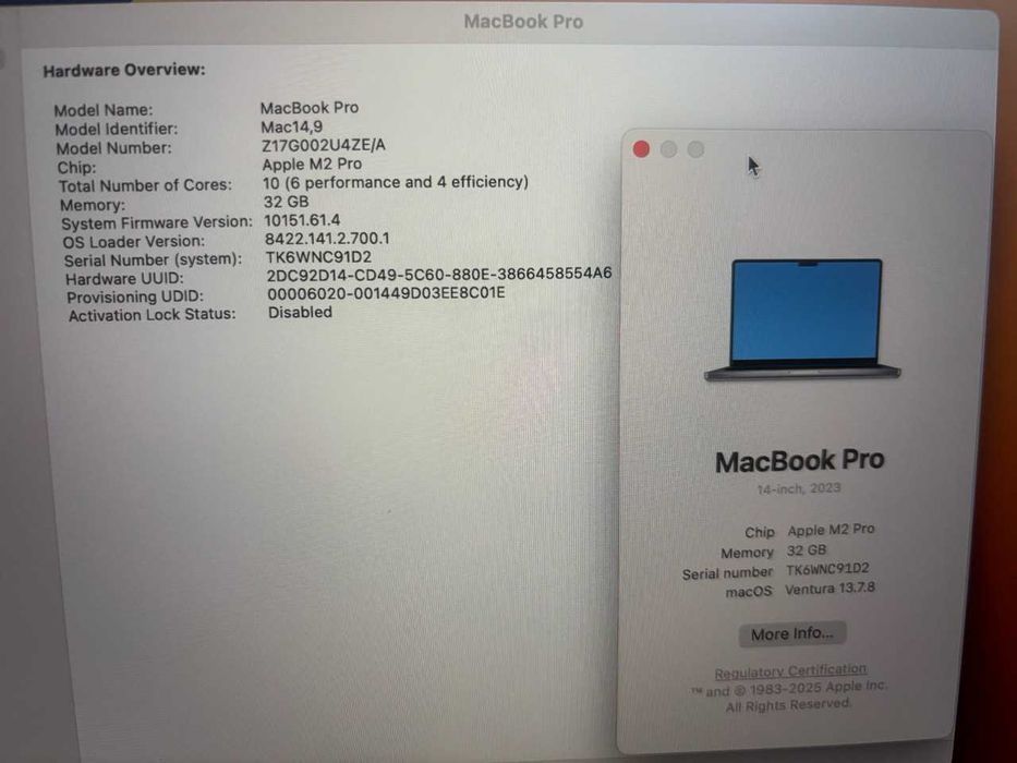 Apple Macbook 14" M2 Pro 32GB RAM 512GB SSD