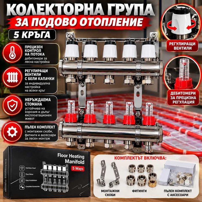 Колекторна група за подово отопление с 5 кръга от неръждаема стомана, дебитомери и фитинги – 49,99 €