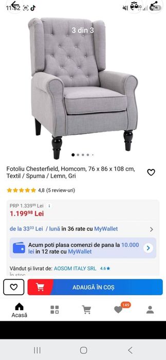 Fotoliu gri chesterfield