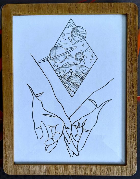 Tablou handmade maini, dragoste si planete - ideal pentru cadou