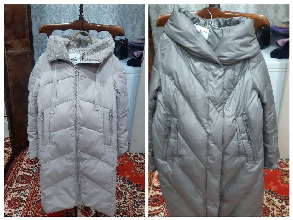 Пуховики серый  размер 44-46, бежевый 42 размер цена 50000