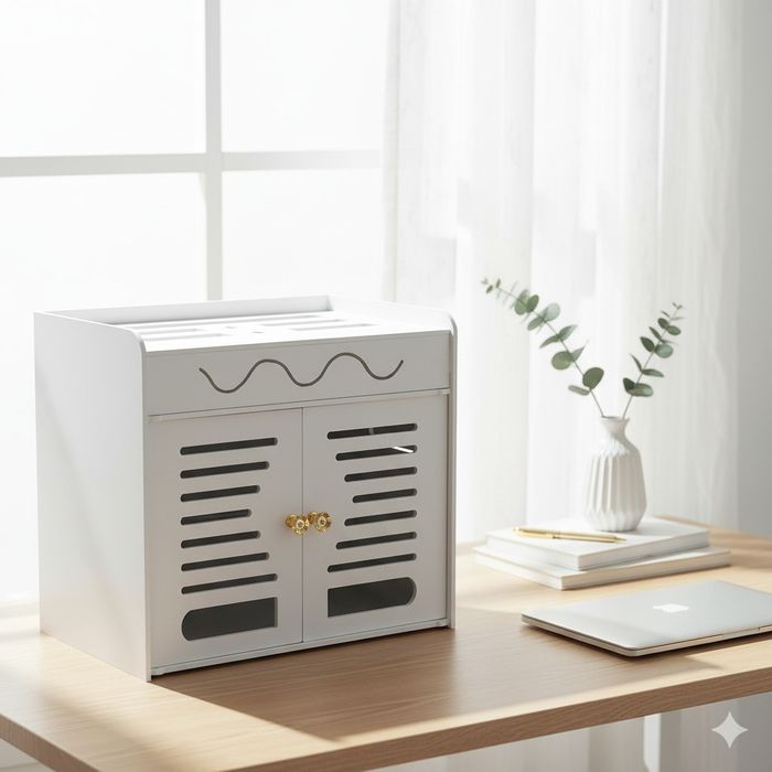 Органайзер шкаф за Wi-Fi рутер и кабели – 3 нива, бял дизайн