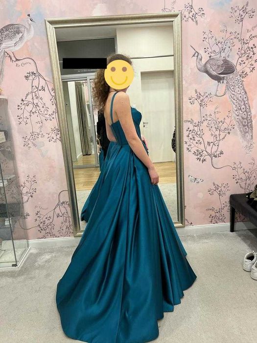 Бална синьо зелена рокля с бюстие