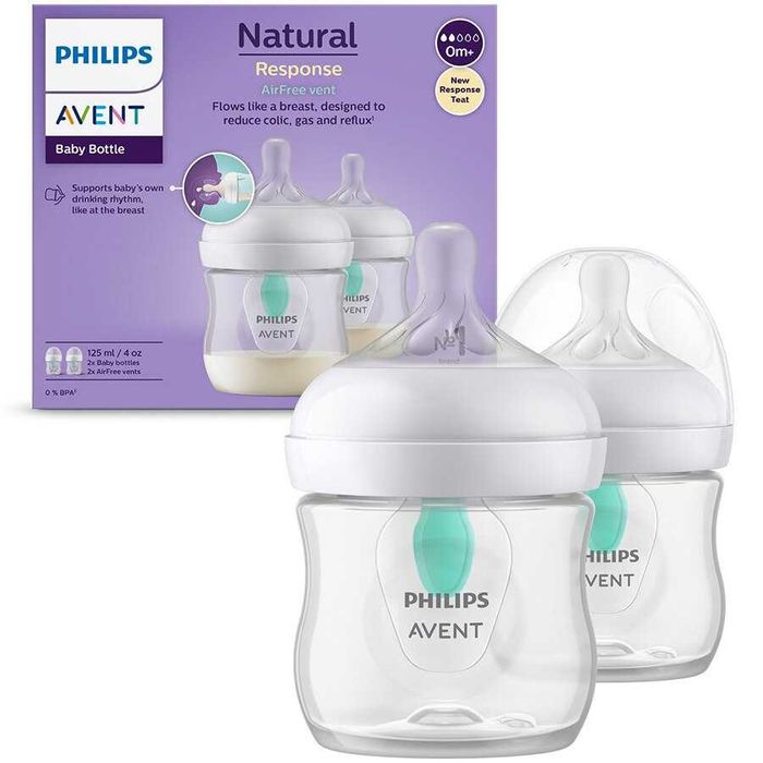 Set 2 biberoane Philips Avent Natural Response SCY670/02, cu dispozitiv anticolici AirFree, 125 ml, tetina care functioneaza ca sanul mamei, etc