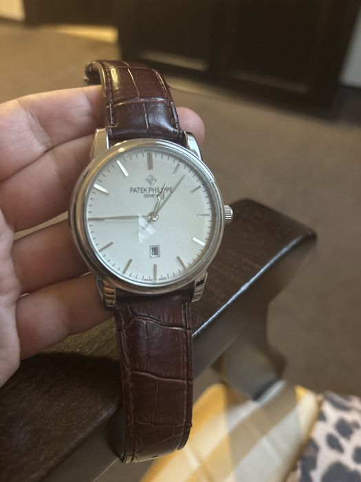 Мъжки елегантен часовник – дизайн Patek Philippe, кафява кожена каишка