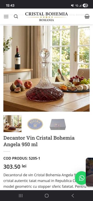 Decantor vin din cristal