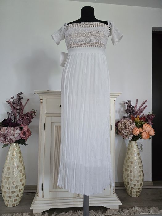 Rochie maxi cu broderie, maneci brodate ,plisata, feminina ,
