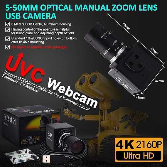 ELP 4K уеб камера, Ultra HDUSB камера с 5-50 мм обектив,3840x216030fps