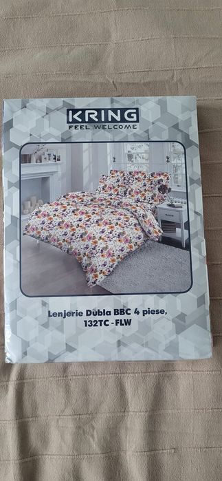 Lenjerie de pat Kring, 2 persoane, 100% bumbac, 132 TC, imprimeu flora