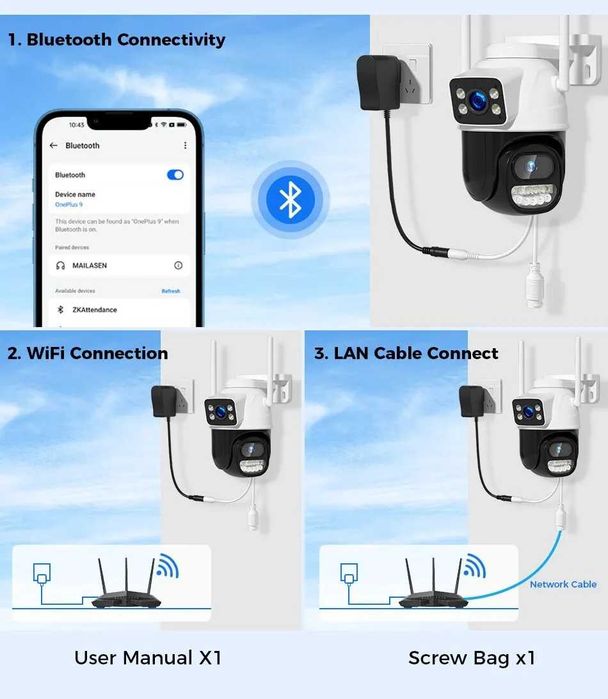 4K 8MP Външна WiFi PTZ Безжична Камера Двоен обектив ,Нощно виждане