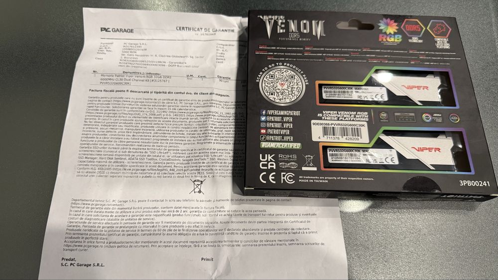 Kit Memorie RAM Patriot Viper Venom RGB 32GB (2x16GB) DDR5 6000MHz CL30, Sigilat
