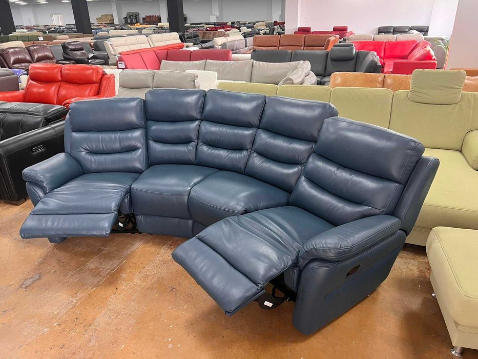 Син кожен извит диван четворка с ръчен релаксиращ механизъм