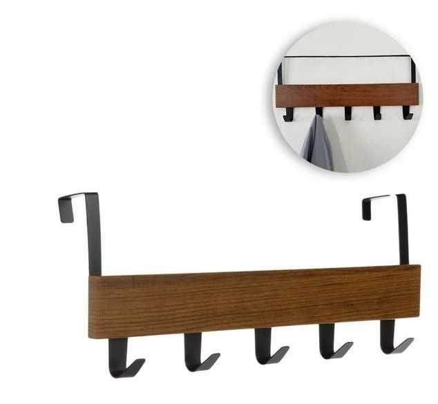 Закачалка за врата, кука, дърво и метал, 5 куки, 38x7x16см