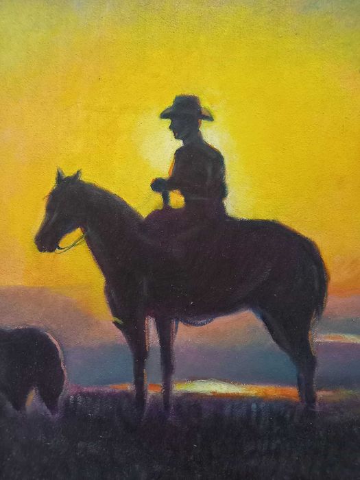 A. Bellomi – „Cowboys cu cai la apus” – ulei pe placaj, 60 × 40 cm