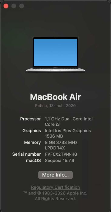 MacBook Air 2020 Intel i3 / 8GB / 256GB Retina baterie nouă 100%