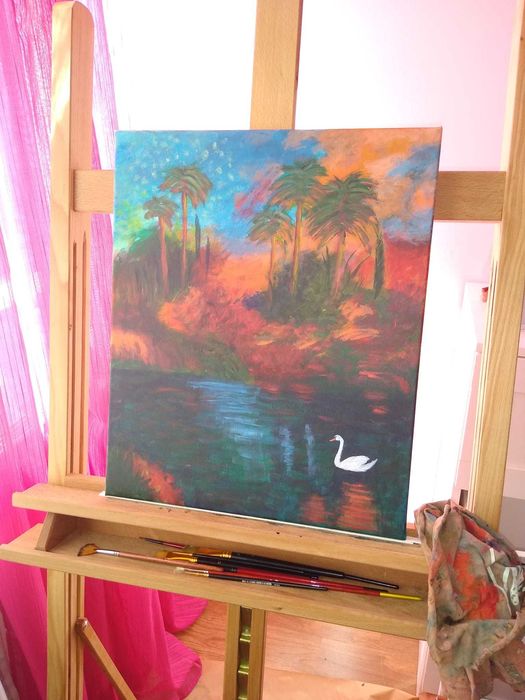 Tabloul pictat manual acrilic "The Grace of the Tropical Sunset38x45cm