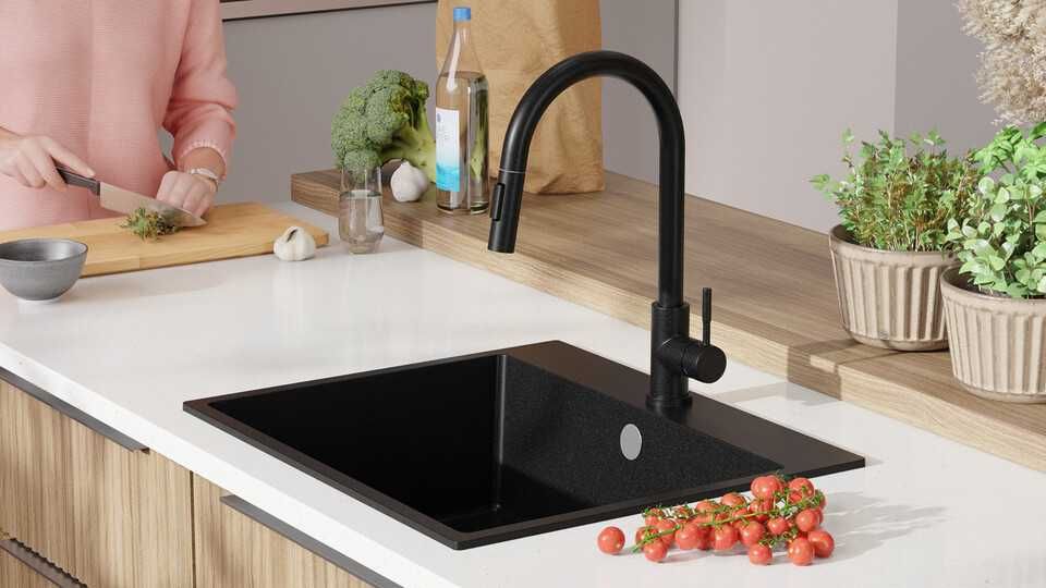 Черна Кухненска Мивка от гранит модел Рига 60 XL 580 x 500 мм
