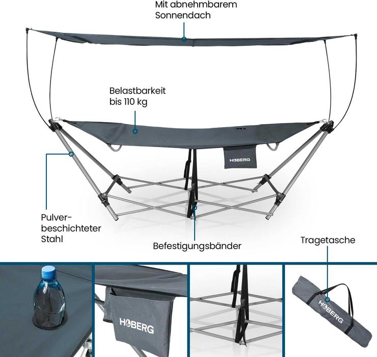 Нов Хамак Hoberg със сгъваема рамка и сенник, с чанта за носене ...