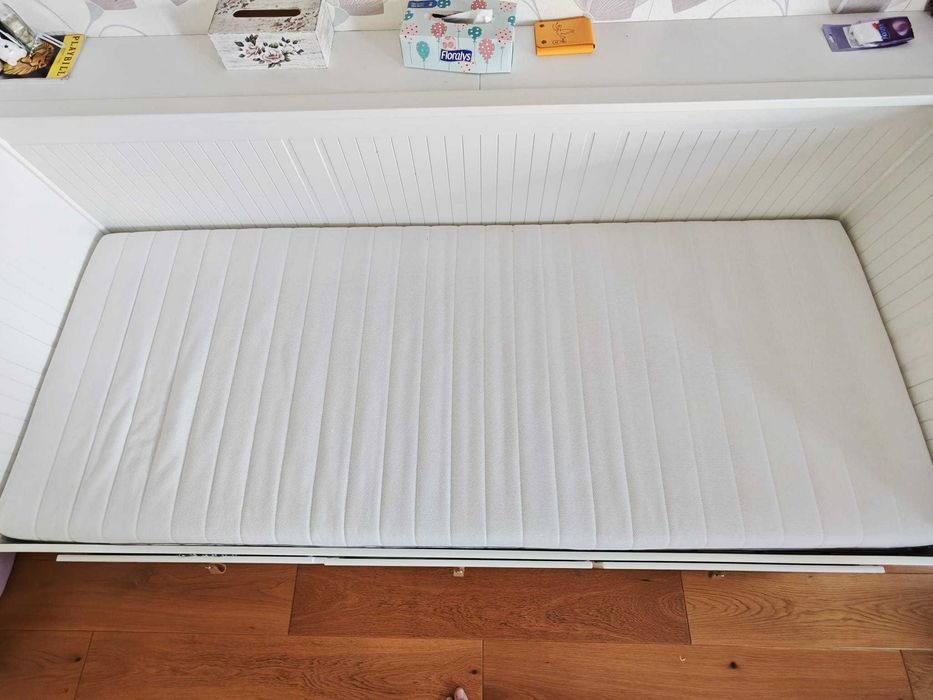 IKEA HEMNES divan extensibil alb + sertare, pat dublu, saltea inclusă 80x200