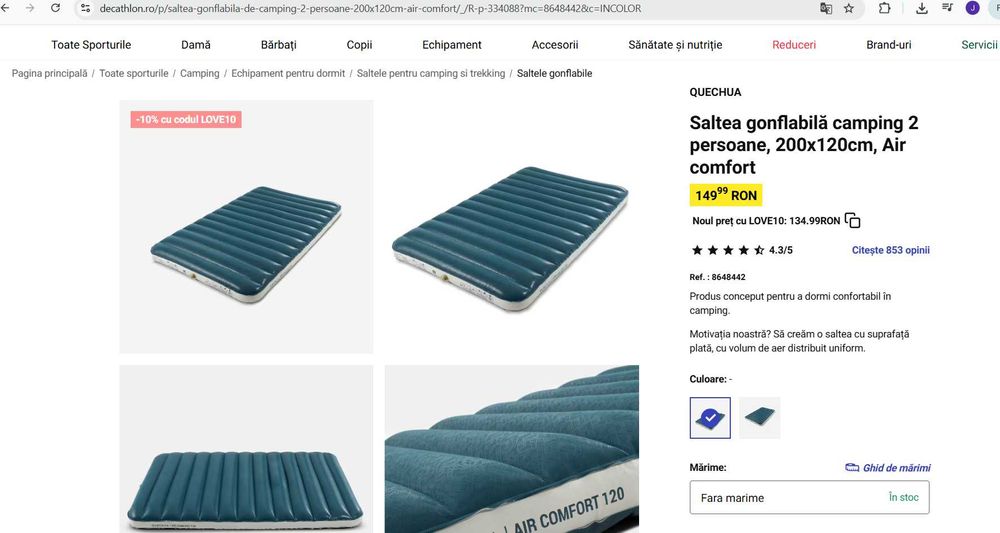 Saltea gonflabilă camping 2 persoane, 200x120cm, stare foarte bună
