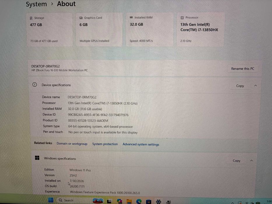 Laptop HP ZBook Fury 16 G10 ,  i7-gen13   32GB 512SSD