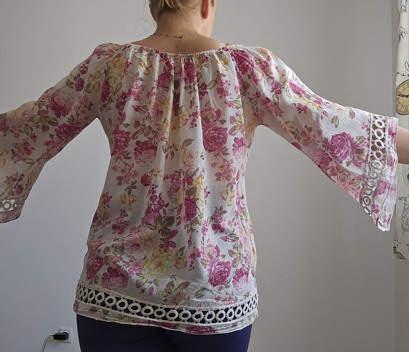 Флорална блуза туника риза лятна на цветя с дантела асиметричен ръкав