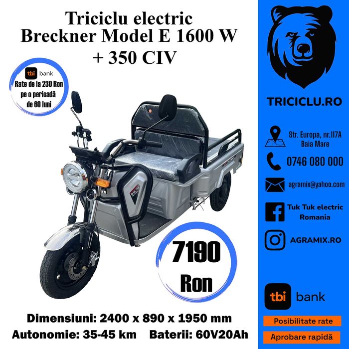 Triciclu electric verde nou MODEL E-argintiu cu CIV Agramix
