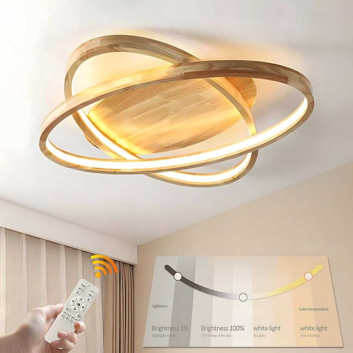 ЛЕД LED дървена таванна лампа полилей, 52см димируема дистанционно 221