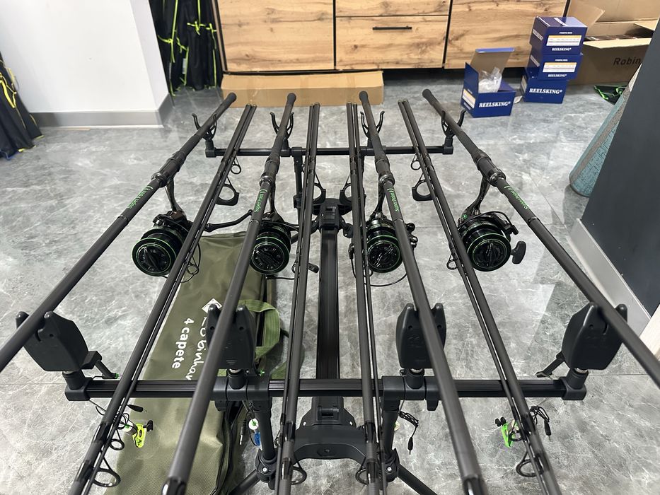 Set pescuit crap complet – 4 lansete Robinhan 3.90 + Reelsking TM10000 + Rod Pod 4 posturi echipat