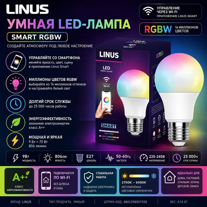 LINUS Smart RGBW Wi-Fi LED Лампа E27