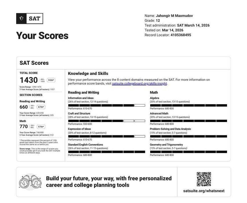 SAT 1520 | IELTS 7.5 | Individual 1-on-1 darslar
