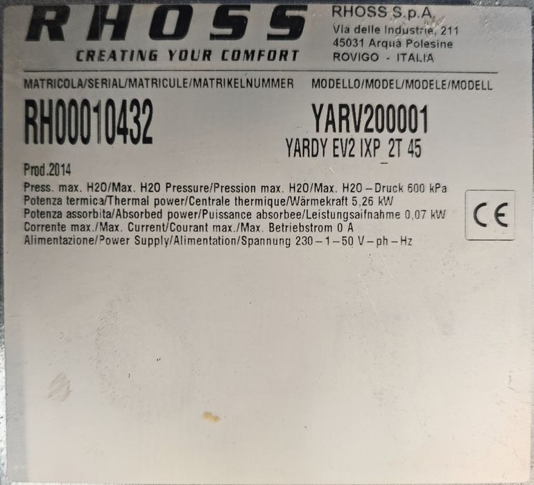 Ventiloconvector necarcasat tavan/pardoseala Rhoss (Italia), model Yardy EV3, IXP 45 2T