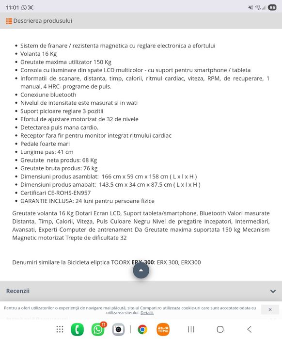 Vând bicicleta eliptica TOORX  ERX300